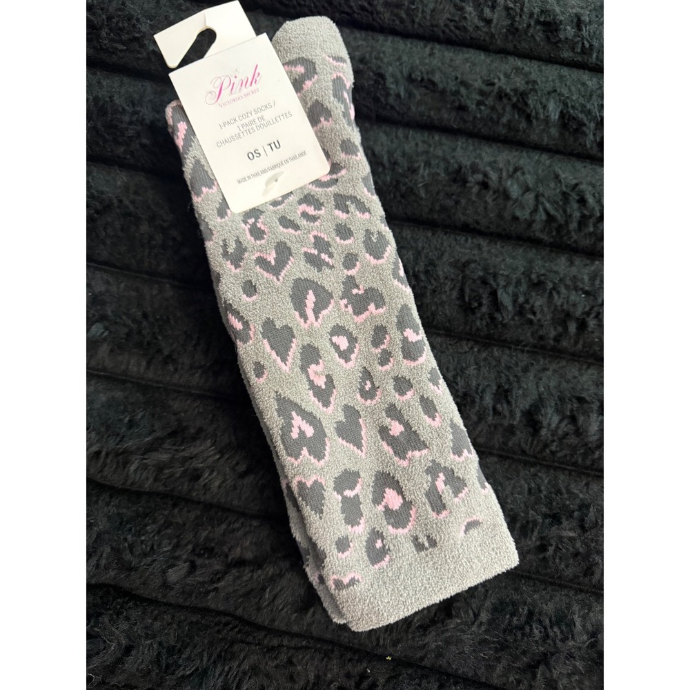 Victorias Secret PINK Cozy Socks Grey Pink Leopard Print Animal Heart OS NWT